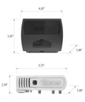 TForce Mast Preamplifier With Automatic Gain Control For Full Band VHF UHF, dimensions and design details, front and side view