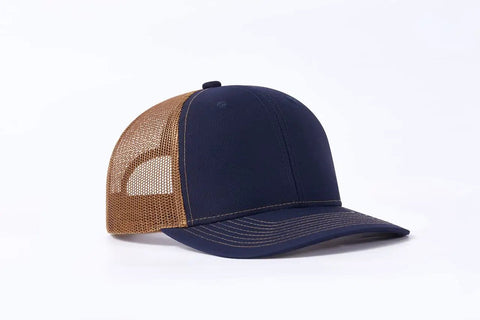 Western Farm Tractor Trucker Hat With Embroidered Design Custom Text Adjustable Mesh Back Cap Navy Brown Lightweight Polyester
