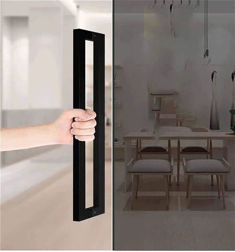 Heavy Duty Commercial Grade Push Pull Door Handle Rock Solid Matte Black Finish Barn Door Pull used on a glass door.