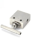 Stainless steel high-pressure needle valve assembly with square mounting block and long actuator rod