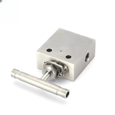 Stainless steel high-pressure needle valve assembly with square mounting block and long actuator rod