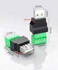 Two Pack USB 2.0 Type A Male To Four Pin Screw Terminal Connectors, 300V 8A, Nickel Plated, Built Tough For Power Testing, Keyboard, Mouse, Camera And Other DIY Electronics Projects, with dimensions