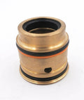 Brass hydraulic cartridge with black and orange O-rings for waterjet cutter, front view