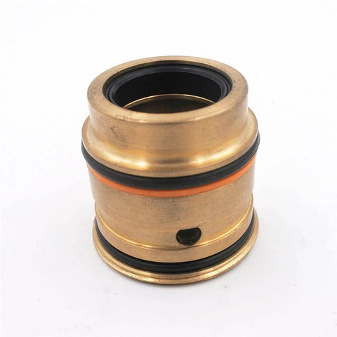 Brass hydraulic cartridge with black and orange O-rings for waterjet cutter, front view