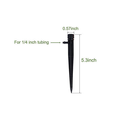 Close-up of a 5.3-inch black plastic emitter for 1/4 inch tubing, shown in profile, part of 60 Piece 360 Degree Drip Irrigation Emitters.