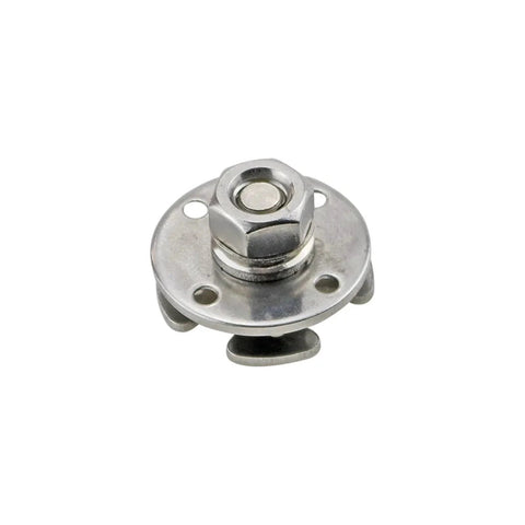 Front view of stainless steel 360-degree disc damping shaft hinge with mounting flange and central nut