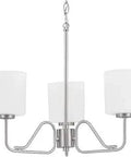 Tobin Collection Three Light Etched White Glass Modern Chandelier With Brushed Nickel Finish, sleek tubular arm fixture front view