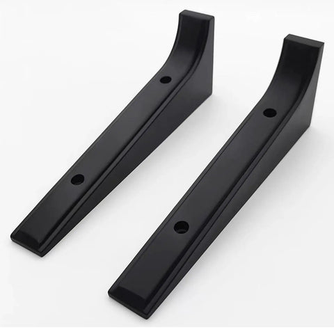 Heavy Duty Aluminum Shelf Brackets Built For The Shop Easy Snap Install For Garage Shelving And Workbenches Black sturdy brackets on white background.