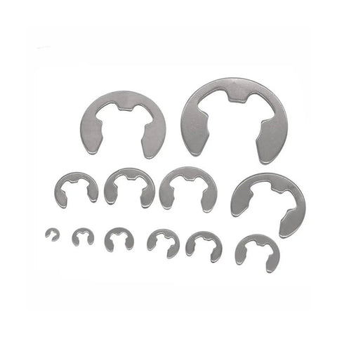Stainless Steel E Clip Retaining Ring Set 100 Pieces In 2mm 3mm 4mm 5mm 6mm 7mm 8mm 9mm 10mm Sizes For Shafts Bearings Gears Pulleys And Other Moving Parts Ideal For Gear Heads And DIY Projects displayed in various sizes on white background