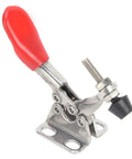 Badass Toggle Clamps With Quick Release Latch For Welding Jigs And Heavy Duty Fixtures Crafted From Premium 304 Stainless Steel Delivers Bone Crushing Grip Two Pack, close-up of single clamp with red handle.
