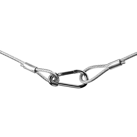 Close-up of Stage Lights Safety Cables Pack Of 10 Beefy Stainless Steel Cables for DJ Lights with loops, carabiner shown