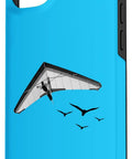 Pilot Quote Fly Aviate Case For iPhone 15 Plus Two Part Protective Case with hang glider design, blue shell, left side view
