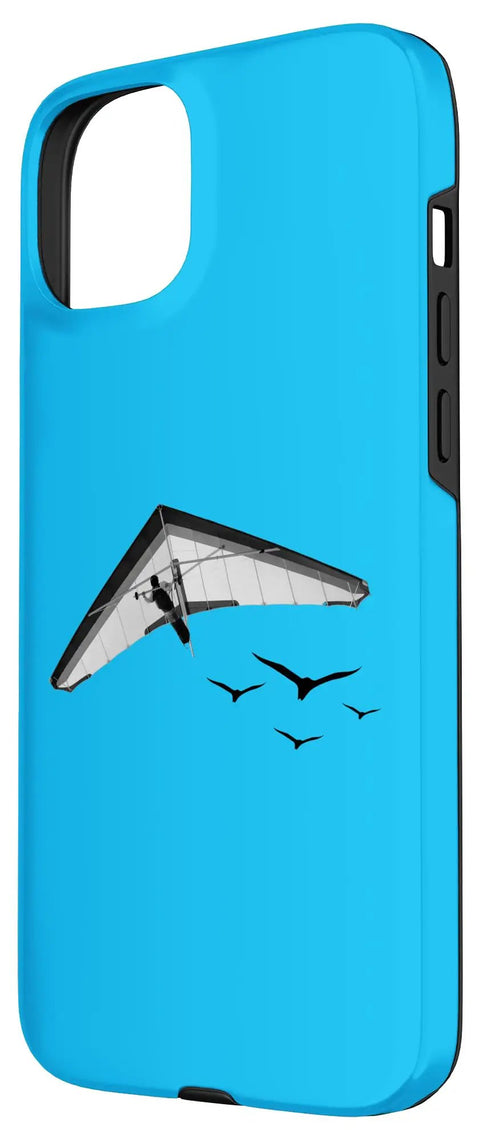 Pilot Quote Fly Aviate Case For iPhone 15 Plus Two Part Protective Case with hang glider design, blue shell, left side view