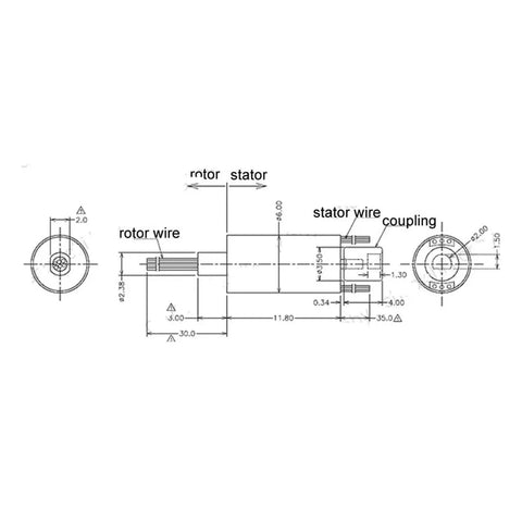 6CH 6mm Slip Ring 360 Degree Rotary Joint for Drone Gimbal and Robotic Systems, Conductive Slip Ring With Gold Contact Points, Supports 48V AC DC 1A, Ideal for Cameras, Test Gear, Rotating Platforms. technical drawing with rotor, stator, and wire layout