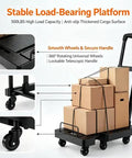 Beefy Folding Hand Truck Dolly Cart With 6 Wheels And 500 Lb Capacity For Luggage Moving And Travel Heavy Duty Utility Cart That Folds Flat For Easy Storage Sturdy Haul With 2 Elastic Ropes with boxes on a 6-wheel black platform