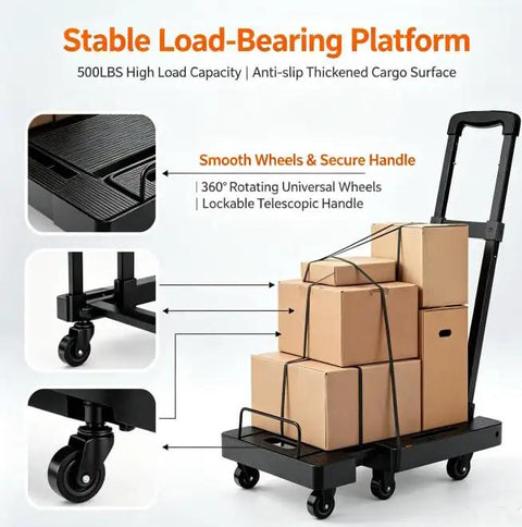 Beefy Folding Hand Truck Dolly Cart With 6 Wheels And 500 Lb Capacity For Luggage Moving And Travel Heavy Duty Utility Cart That Folds Flat For Easy Storage Sturdy Haul With 2 Elastic Ropes with boxes on a 6-wheel black platform