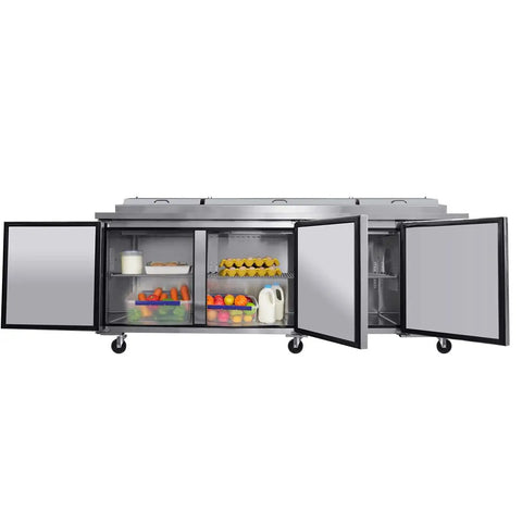 No Nonsense Heavy Duty Commercial Prep Table Refrigerator With Extra Wide Stainless Steel Worktop And Massive Cold Storage For Pizza And Sandwich Professionals, showcasing storage of fresh ingredients.