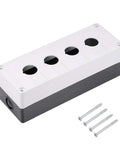 Push Button Station Box With Four 22mm Button Apertures, Waterproof Sealed Plastic Electrical Enclosure, Surface Mount Control Panel Box For Industrial Machinery, Heavy Duty Anti Corrosion Workhorse Pushbutton Box, white and black with screws