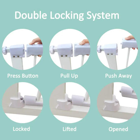 Walk Through Baby Gate For Narrow Doorways With Auto Close Pressure Mounted White Metal Safety Gate 180° double lock system