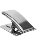 Side view of a stainless steel fish cleaning clamp with serrated jaw and mounting plate