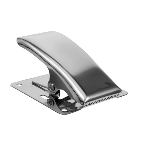 Side view of a stainless steel fish cleaning clamp with serrated jaw and mounting plate