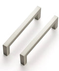 Two 30 Pack Slim 3 3/4 Inch Center To Center Solid Square Bar Cabinet Handles In Brushed Nickel displayed on white background