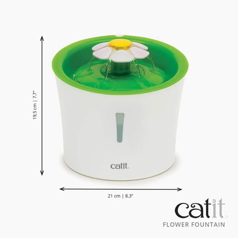 Flower Fountain With Triple Action Filter For Cats, 3 L Capacity Water Dispenser, Green, shown with dimensions