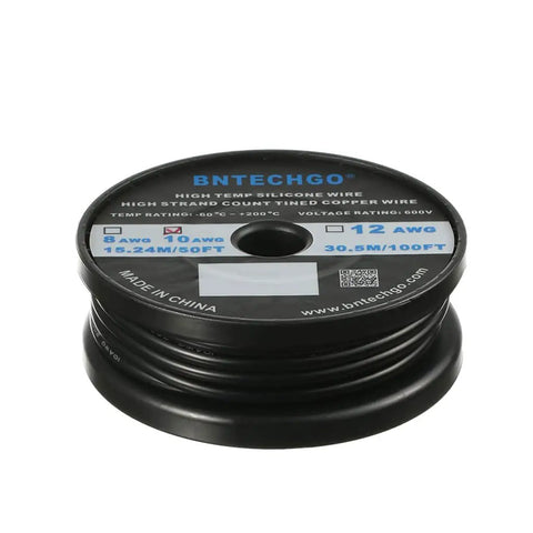 Ultra Smooth Black Silicone Wire 50 Feet Long With 10 Awg Stranded Tinned Copper Core on a spool, ideal for electronics setup.