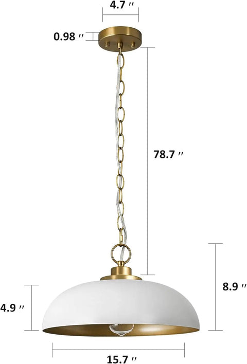 Top Shelf Matte White Farmhouse Pendant Light With Burnished Brass Accents And Super Adjustable Chain 15.7in diameter for kitchen use.