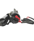 Side view of 12V heavy-duty hydraulic linear actuator with black cylinder, red lever, and wiring harness