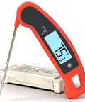 Ultra-Fast 2-Second Digital Instant Read Meat Thermometer For Grillin And Cookin With Auto Rotating Backlit Display IP65 Water Resistant And NSF Certified Sambal in red color.