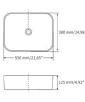 Dimensions diagram of Rectangular Matte Black Vessel Sink Dope Modern Look 22x15 Inches, Top Mount Bathroom Vanity Basin, porcelain.