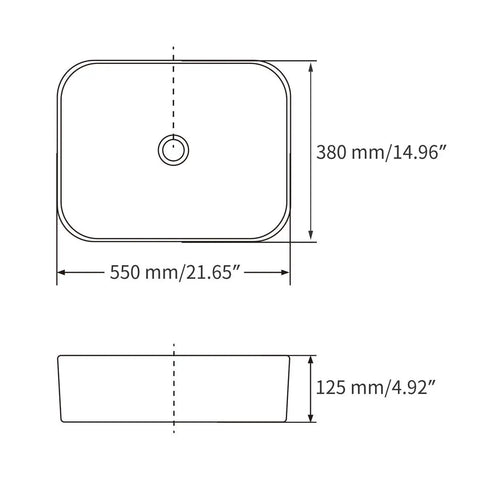 Dimensions diagram of Rectangular Matte Black Vessel Sink Dope Modern Look 22x15 Inches, Top Mount Bathroom Vanity Basin, porcelain.