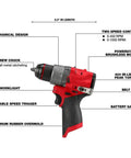 Straight Up Powerful Brushless Drill Driver Compatible With Milwaukee M12 12V Half Inch Cordless Power Tool Bare Unit with features labeled.
