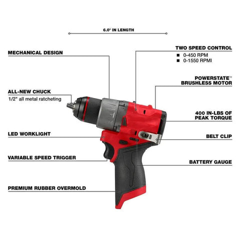 Straight Up Powerful Brushless Drill Driver Compatible With Milwaukee M12 12V Half Inch Cordless Power Tool Bare Unit with features labeled.
