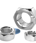 Close-up of three 304 stainless steel hex nuts with internal threads, M8 size, chrome finish