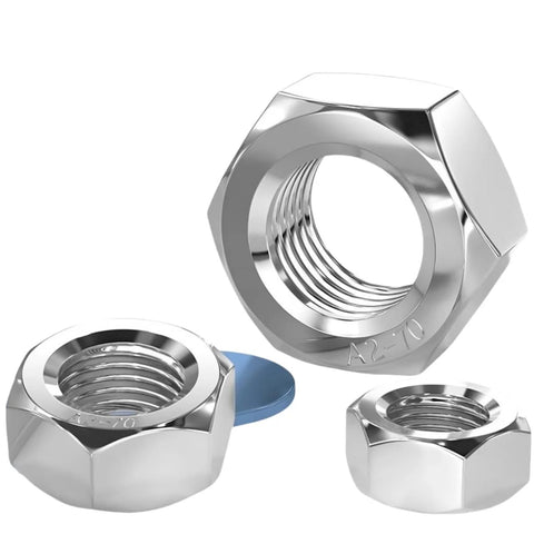 Close-up of three 304 stainless steel hex nuts with internal threads, M8 size, chrome finish