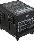 Mighty Gig Rig With 14U Top Rack And 6U Front Rack Built In Pedestal And Optional Rear Rack Rails For Deep Mixers Tough As Nails Injection Molded Side Handles Locking Latches And Wheel Set With Lock