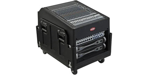 Mighty Gig Rig With 14U Top Rack And 6U Front Rack Built In Pedestal And Optional Rear Rack Rails For Deep Mixers Tough As Nails Injection Molded Side Handles Locking Latches And Wheel Set With Lock
