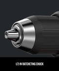 Close-up of 1/2-inch chuck on V20 Cordless Drill Driver Kit One Half Inch With Battery And Charger Included Brushless Motor Delivers 350 UWO Two Speed Gearbox Built To Crush Heavy Duty Jobs On The Jobsite.