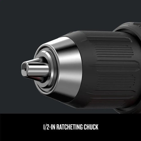 Close-up of 1/2-inch chuck on V20 Cordless Drill Driver Kit One Half Inch With Battery And Charger Included Brushless Motor Delivers 350 UWO Two Speed Gearbox Built To Crush Heavy Duty Jobs On The Jobsite.