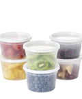 16-Ounce To-Go Food Storage Containers With Lids, BPA Free filled with assorted fruits, stackable and leakproof, microwave safe