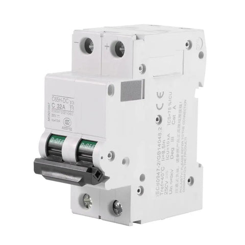Two Pole 250V 32A DIN Rail Mount Miniature Circuit Breaker For Solar DC Systems, Plug And Play DC Disconnect Switch
