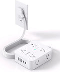 Plug Away With This Slick Flat Surge Protector Power Strip Featuring Eight Roomy Ac Outlets And Four Fast Usb Ports To Charge All Your Gear Smoothly Without Cluttering Your Desk Or Emptying Your Wallet, white design with cord.