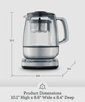 Tea Maker Infuser And Water Kettle 51 Oz Capacity With Programmable One Touch Controls And Auto Tea Basket Brushed Stainless Steel Glass Kitchen Essential, front view with dimensions.