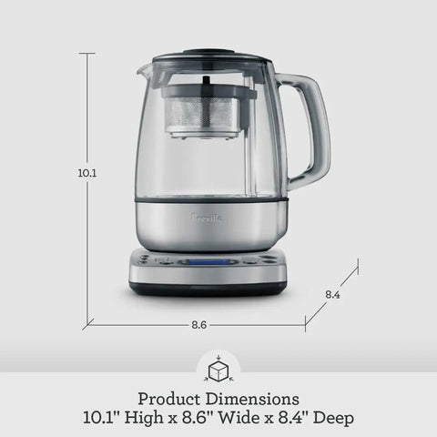 Tea Maker Infuser And Water Kettle 51 Oz Capacity With Programmable One Touch Controls And Auto Tea Basket Brushed Stainless Steel Glass Kitchen Essential, front view with dimensions.