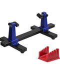 Multifunctional Welding Jig With Adjustable Cable Clamp And Slip Base For Electronics Assembly And Circuit Board Soldering, blue and black tool with red accessory.