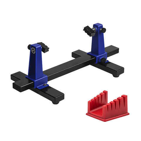 Multifunctional Welding Jig With Adjustable Cable Clamp And Slip Base For Electronics Assembly And Circuit Board Soldering, blue and black tool with red accessory.