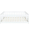 Full Size Floor Bed With Fence And Door For Toddlers And Kids, Safe Guardrails, Wooden Platform Bed With Rubber Wood Construction And 7 Slat Base, White Finish For Cozy, Chill Sleep front view