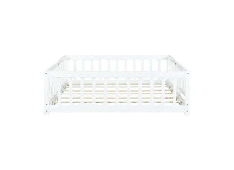 Full Size Floor Bed With Fence And Door For Toddlers And Kids, Safe Guardrails, Wooden Platform Bed With Rubber Wood Construction And 7 Slat Base, White Finish For Cozy, Chill Sleep front view